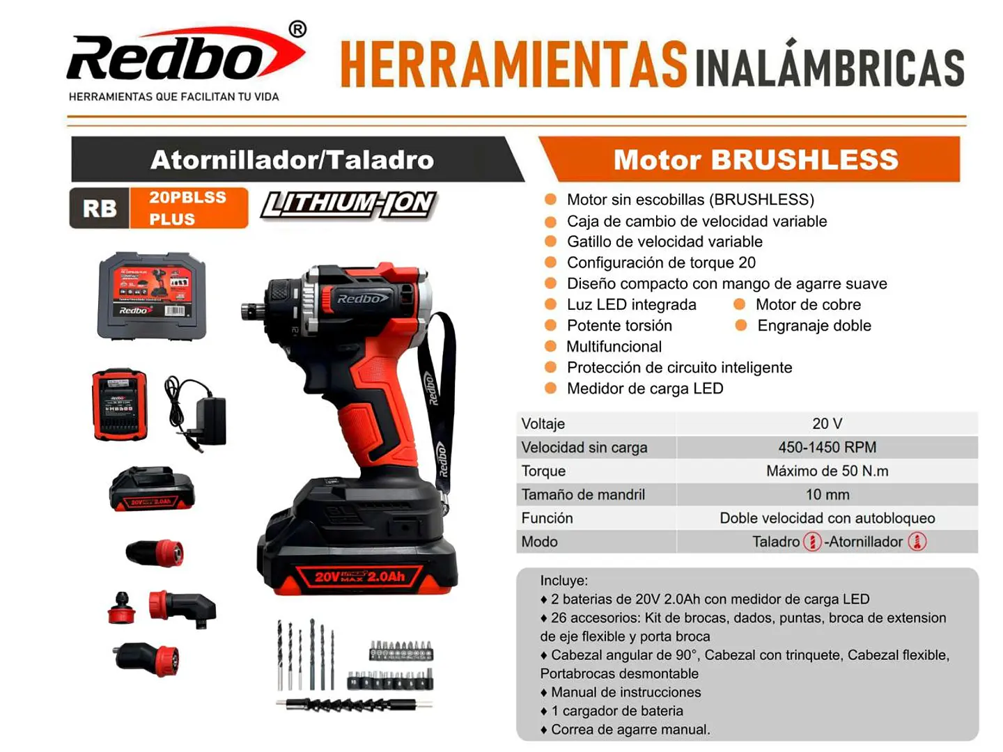 Taladro Atornillador Inalámbrico Redbo 20V Brushless Multi-Cabezal (RB-20PBLSS PLUS) + 2 Baterías y Accesorios 8