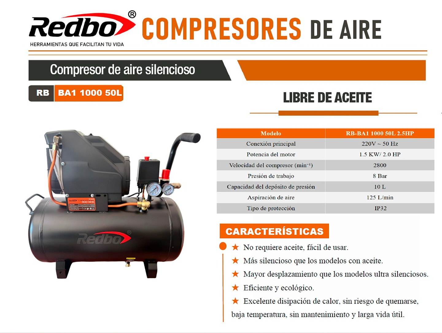 Compresor de aire silencioso libre de aceite RB-BAI 50L 2