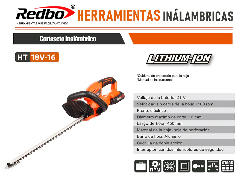 Cortaseto Inalámbrico REDBO HT 18V-16+Cargador base y Bateria 2.0 ah  6
