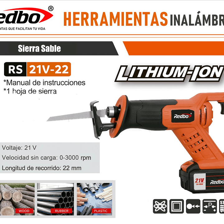 Sierra Sable Inalámbrica REDBO RS 21V-22+ CARGADOR Y BATERIA DE 2.0 AH 4
