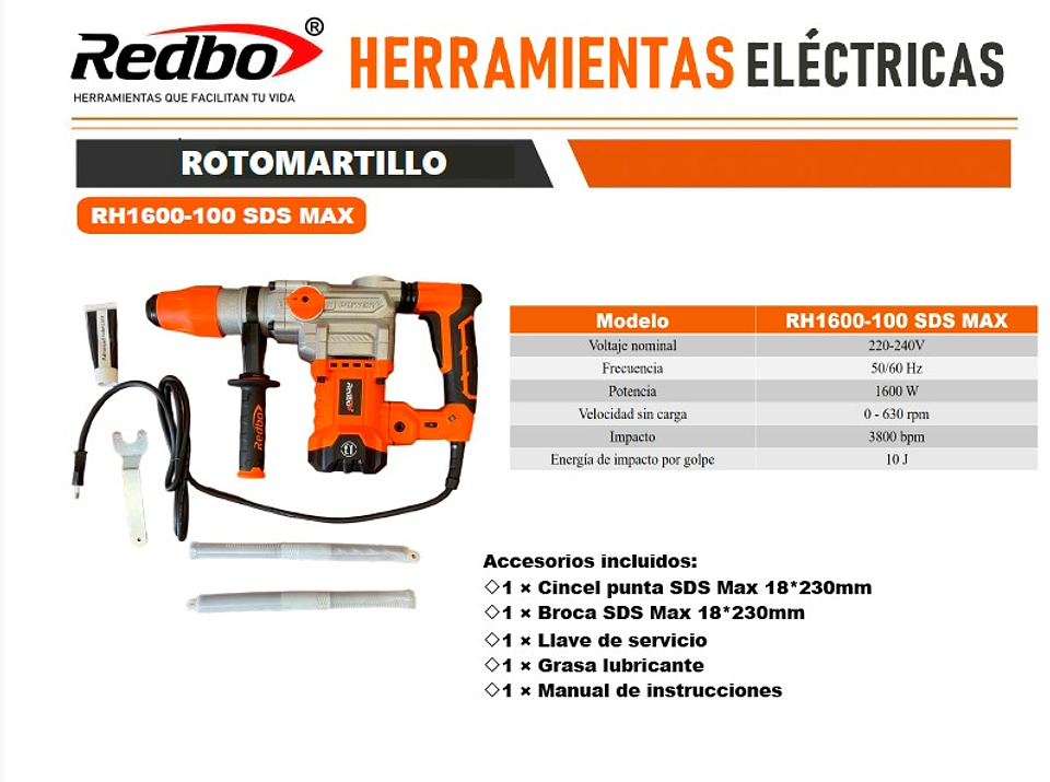 Rotomartillo Industrial Redbo RH1600-100 SDS MAX (1600W, 10 Joules de Impacto, Kit de Demolición) 4
