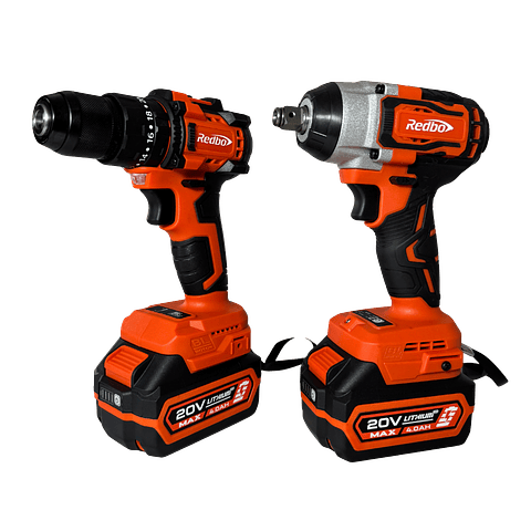 Combo Inalámbrico Brushless Redbo: Taladro Percutor + Llave de Impacto 1/2" (20V, 2 Baterías 4.0Ah, Maletín)