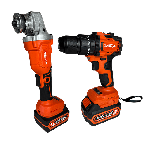 Combo Inalámbrico Brushless Redbo: Taladro Percutor + Esmeril Angular 4.5" (20V, 2 Baterías 4.0Ah, Maletín)