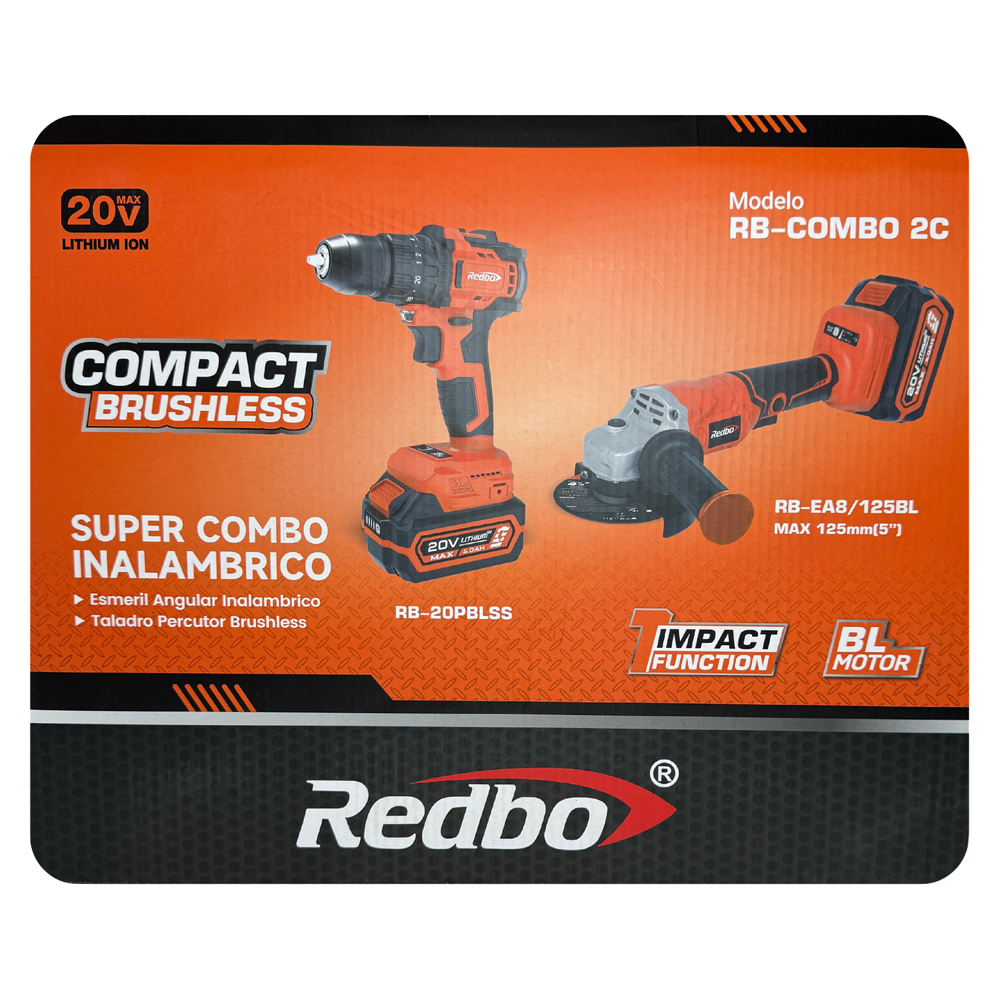Combo Inalámbrico Brushless Redbo: Taladro Percutor + Esmeril Angular 4.5