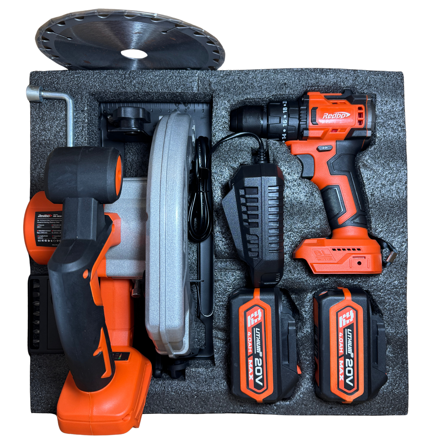 Combo Inalámbrico Brushless Redbo: Taladro Percutor + Sierra Circular 180mm (20V, 2 Baterías 4.0Ah) 3