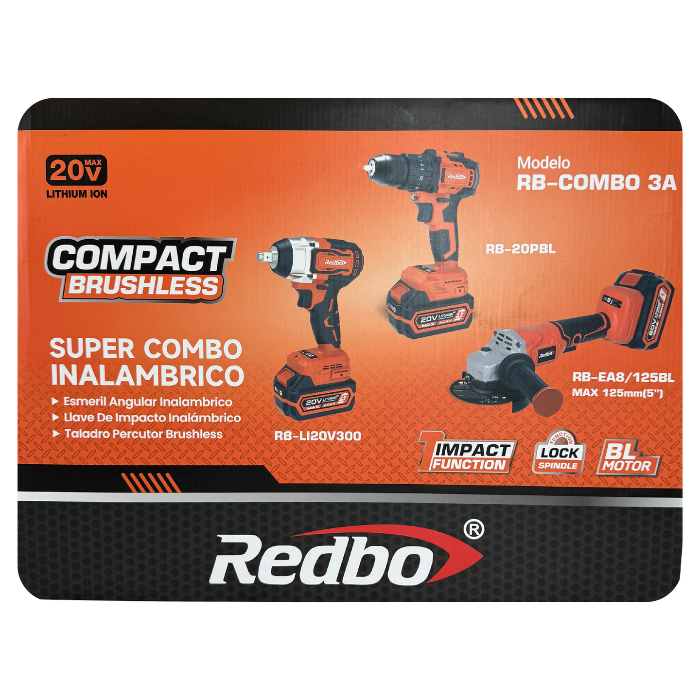Combo Inalámbrico 3 en 1 Brushless Redbo: Taladro Percutor + Llave de Impacto + Esmeril Angular (20V, 2 Baterías 4.0Ah) 2