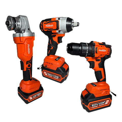 Combo Inalámbrico 3 en 1 Brushless Redbo: Taladro Percutor + Llave de Impacto + Esmeril Angular (20V, 2 Baterías 4.0Ah)