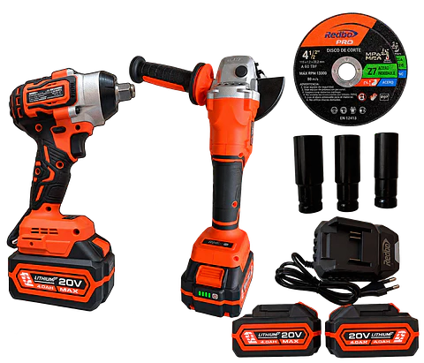 Combo Inalámbrico Brushless Redbo: Llave de Impacto 1/2" + Esmeril Angular 4.5" (20V, 2 Baterías 4.0Ah, Maletín)