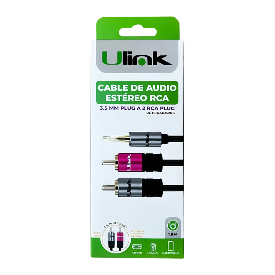 Cable Auxiliar Ulink 3.5mm a 2 RCA Macho 1.8m Audio Negro 3