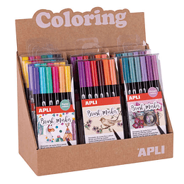 Apli Coloring Brush Markers - Expositor con 8 Packs Surtidos - Doble Punta de Nylon Tipo Pincel de 1-4 mm y Punta Redonda de 1 mm - Acuarelables y Mul