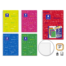 Golden Pack de 5 Cuadernos Asignatura Folio 80 Hojas 90gr Cuadricula 4x4 - Resistente - Tapa Dura - Ideal para Estudiantes - Colores Surtidos
