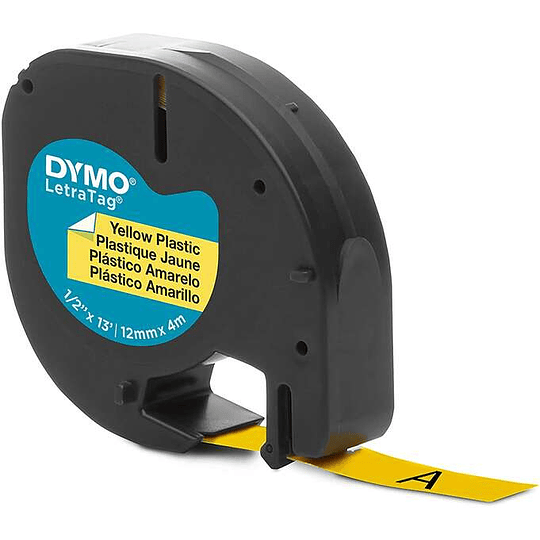 Dymo LetraTag S0721620 Cinta de Etiquetas Original para Rotuladora - Texto negro sobre fondo amarillo - Ancho 12mm x 4 metros (91202)