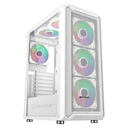 Unykach Armor 3Gen White Caja ATX, Micro ATX, ITX - Lateral de Vidrio Templado - USB-A 3.0, USB-C y Audio - 4 Ventiladores 120mm ARGB Instalados - Sop