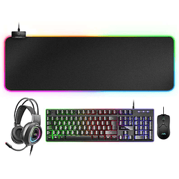 Mars Gaming Pack 4 en 1 USB con Iluminacion RGB Teclado Tecnologia Hibrida H-Mech, Antighosting + Raton 10000dpi + Auriculares con Microfono + Alfombr