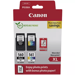 Canon PG560XL Negro + CL561XL Color Pack de 2 Cartuchos de Tinta Originales - 50 Hojas de Papel Fotografico - 3712C008/3712C004