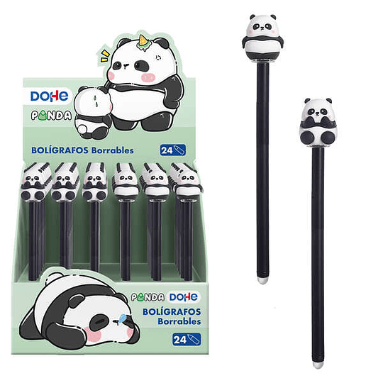 Dohe Expositor de 24 Boligrafos Tinta Borrable - Cuerpo Plastico Color - Tapa Decorada Motivos Panda - Punta Bola Metalica 1mm - Tinta Azul