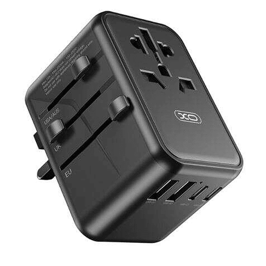 XO Adaptador de Viaje Universal - Conexiones para mas de 150 Paises - Salida de hasta 2500W - Puerto USB-C de 65W - Salida de Cinco Puertos - Color Ne