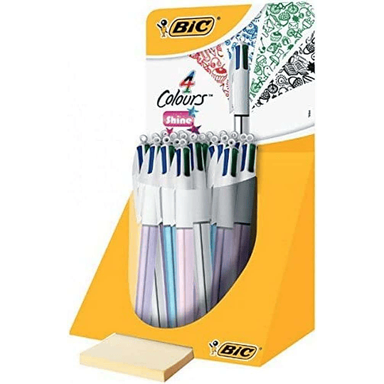 Bic 4 Colours Shine Expositor de 20 Boligrafos de Bola Retractil - Punta Media de 1.0mm - Tinta con Base de Aceite - Cuerpo de Colores Metalicos Surti