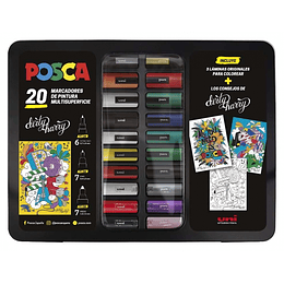 Posca Maleta Metalica con 20 Marcadores de Pintura - Surtido en Color y Trazo - Punta de Poliester - Tinta Pigmentada Base Agua - Resistente a la Luz 