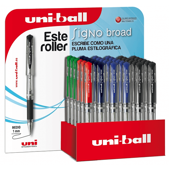 Uni-ball Signo Broad UM-153/3D Expositor de 36 Rollers de Tinta Gel - Punta de Bola 1mm - Trazo Estilo Pluma - Sujecion de Caucho - Color Surtido