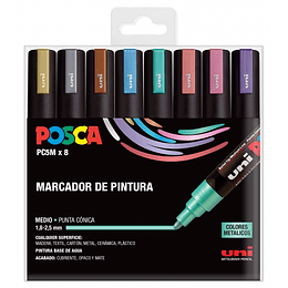 Posca PC-5M/8C Estuche de 8 Marcadores de Pintura - Punta de Bala 1.8-2.5mm - Tinta Base al Agua - Resistente a la Luz - No Permanente - Color Surtido