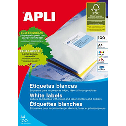 Apli Pack de 100 Etiquetas Permanentes - Tamaño 210 x 297mm - Multiples Usos - Color Blanco