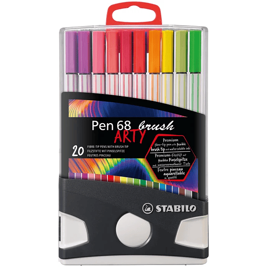 Stabilo Pen 68 Brush Arty Caja de Plastico Rigida con 30 Rotuladores - Punta de Pincel - Tinta a Base de Agua - Colores Surtidos