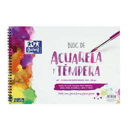 Oxford Bloc de Acuarela y Tempera Escolar Espiral Formato A4+ Liso - 10 Hojas Microperforadas 300gr Color natural - Papel de Doble Cara: Grano Grueso 