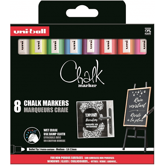 Uni-ball Chalk PWE-5M Pack de 8 Marcadores de Tiza Liquida - Punta Conica 1.8-2.5mm - Borrado en Humedo - Resistente a la Lluvia - Colores Surtidos