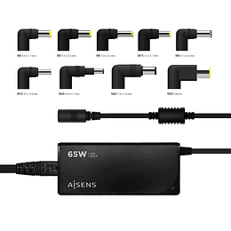 Aisens Cargador 65W Automatico Universal Multitension para Portatil con 9 Conectores + USB-A QC.3.0 - Color Negro