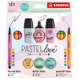 Stabilo Pastellove Pack de 18 Marcadores y Rotuladores - 6 Rotuladores Premium Pen 68 Mini, 6 Rotuladores Point 88 Mini y 6 Rotuladores Fluorescentes 