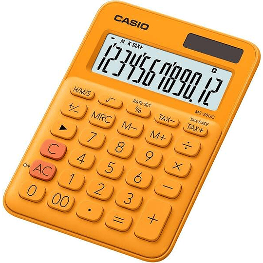 Casio MS-20UC Calculadora de Sobremesa Pequeña - Pantalla LCD de 12 Digitos - Alimentacion Solar y Pilas - Color Naranja