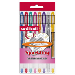 Uni-ball UM-120 SP Signo Sparkling Estuche de 8 Rollers de Tinta Gel - Punta de Bola 1mm - Tinta Pigmentada Resistente al Agua y Luz - Color Surtido