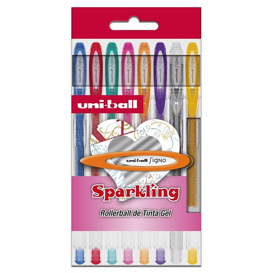 Uni-ball UM-120 SP Signo Sparkling Estuche de 8 Rollers de Tinta Gel - Punta de Bola 1mm - Tinta Pigmentada Resistente al Agua y Luz - Color Surtido