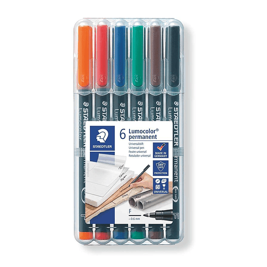 Staedtler Lumocolor 318 Pack de 6 Rotuladores Permanentes - Punta Fina Redonda - Trazo 0.6mm - Capuchon con Clip - Secado Rapido - Colores Surtidos