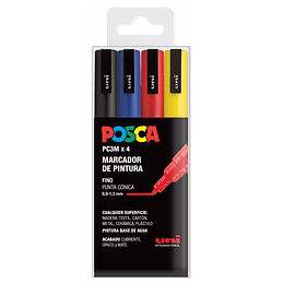 Posca PC3M Pack de 4 Marcadores de Pintura - Punta Conica 0.9-1.3mm - Tinta Base al Agua - Resistente a la Luz - No Permanente - Ideal para Carteleria