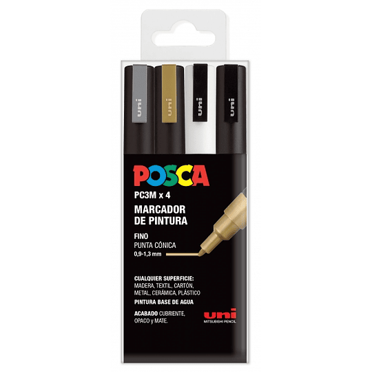 Posca PC3M Pack de 4 Marcadores de Pintura - Punta Conica 0.9-1.3mm - Tinta Base al Agua - Resistente a la Luz - No Permanente - Ideal para Carteleria