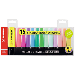 Stabilo Boss 70 Pack de Escritorio de 15 Marcadores Fluorescente - Practica Base para Escritorio - Trazo entre 2 y 5mm - Recargable - Tinta con Base d