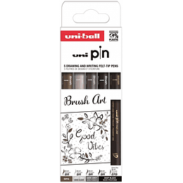 Uni-ball Uni Pin Brush Art Pack de 5 Rotuladores Calibrados Brush y Brush Extra Fino - Punta Poliacetal - Tinta Pigmentada Resistente al Agua y a la L