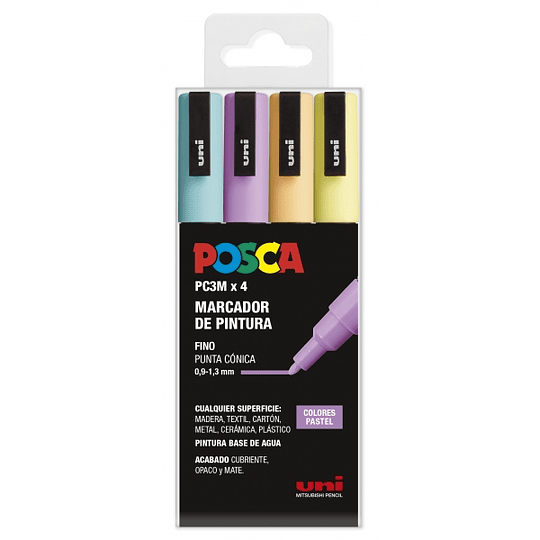 Posca PC3M Pack de 4 Marcadores de Pintura - Punta Conica 0.9-1.3mm - Tinta Base al Agua - Resistente a la Luz - No Permanente - Ideal para Carteleria