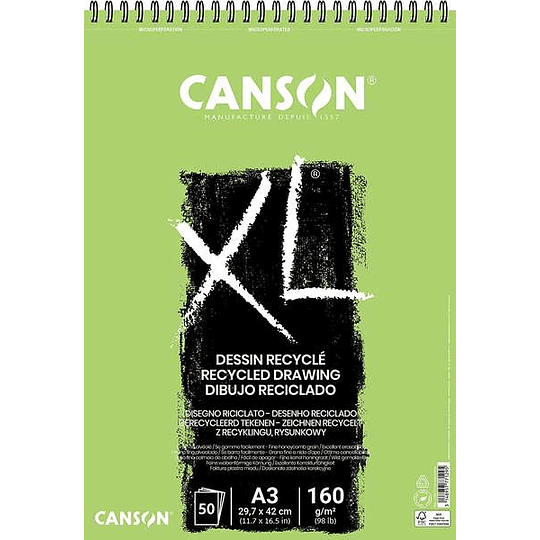 Canson XL Recycled Bloc de Dibujo con 50 Hojas A3 - Espiral Microperforado - Grano Fino - 160g - Color Blanco