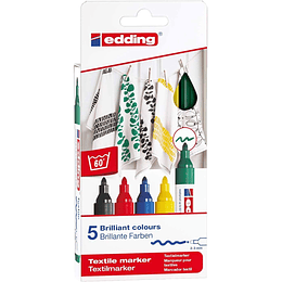 Edding 4500 Basicos Pack de 5 Rotuladores Permanentes para Textil - Punta Redonda - Trazo 2-3mm - Olor Neutro - Secado Rapido - Colores Negro, Verde, 