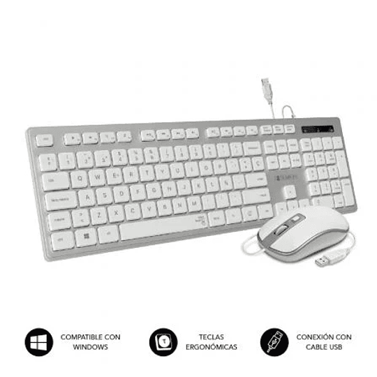 Subblim Teclado y ratón USB ERGO - Teclas Ergonómicas - Diseño Plano y completo - Conector USB Plug&Play - Ratón Ergonómico con cable - Color Blanco/G