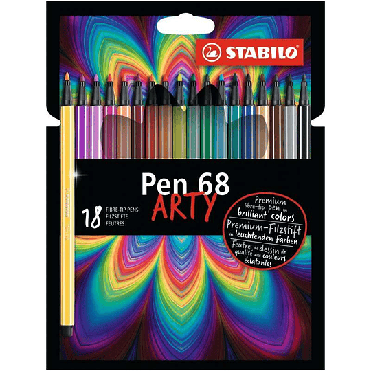 Stabilo Pen 68 Arty Pack de 18 Rotuladores - Punta de Fibra - Trazo de 1mm aprox. - Tinta a Base de Agua - Capuchon Ventilado - Colores Surtidos