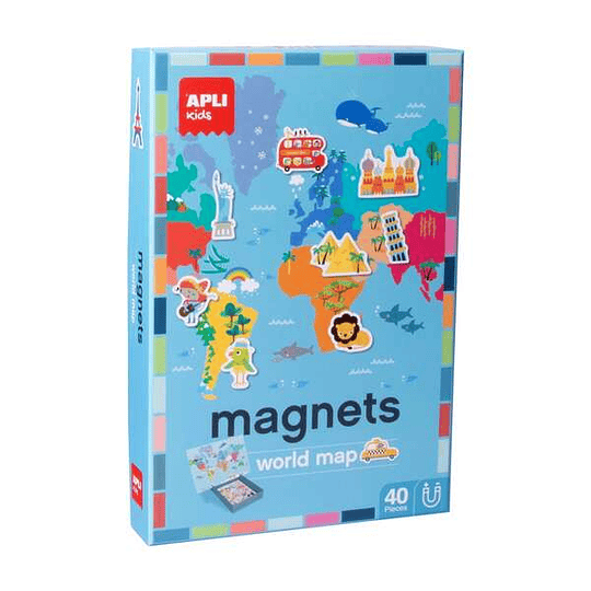 Apli Juego Magnetico Mapamundi - 1 Escenario Imantado 36 x 38 cm - 40 Fichas con Dibujos de Monumentos y Animales