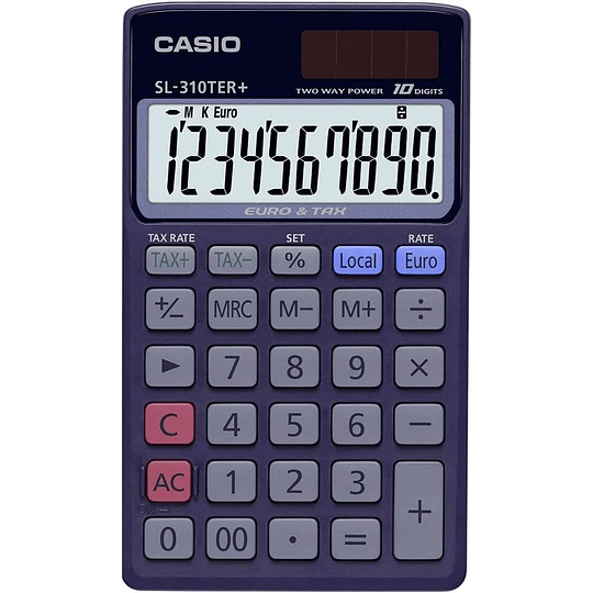 Casio SL-310TER+ Calculadora de Bolsillo - Pantalla LC Extragrande de 10 Digitos - Funcion Conversor de Euros - Color Azul Oscuro