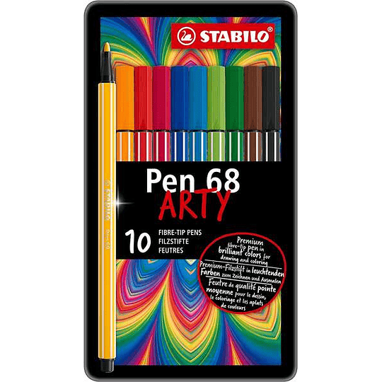 Stabilo Pen 68 Arty Caja Metalica de 10 Rotuladores - Punta de Fibra - Trazo de 1mm aprox. - Tinta a Base de Agua - Capuchon Ventilado - Colores Surti