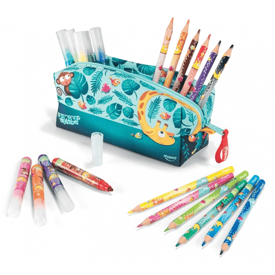 Maped Jungle Fever Bebes Estuche de Tela con 12 Lapices de Colores Jumbo Jungle Fever (A partir de 2 años) y 12 Rotuladores de Colores Jumbo Jungle Fe