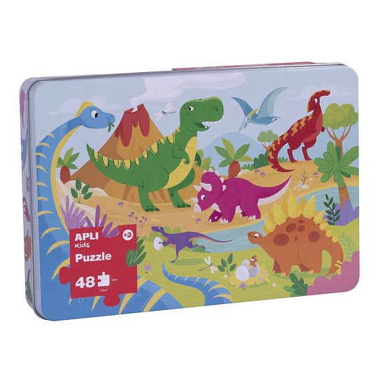 Apli Kids Puzle Dinosaurios - 48 Piezas de 5.5x6cm - Caja Metalica Rectangular - Diseño Exclusivo Infantil, Colorido, Claro y Simple - Piezas Resisten