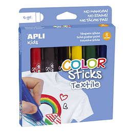 Apli Color Sticks Textil - Pack 6 Unidades de 6g - Colores Surtidos Resistentes Al Lavado - Secado Al Aire en 12 Horas - Colores Nitidos y Vivos - Dis